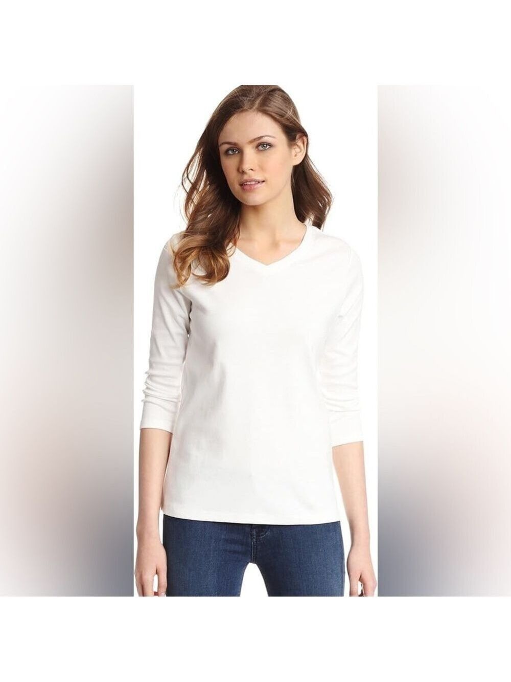 Pendleton White Fine Rib Cotton V-Neck Tee 3/4 Sleeve Women’s Large